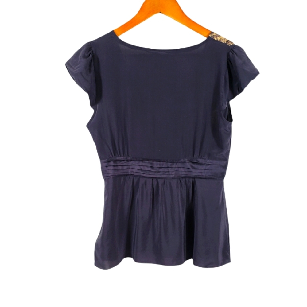 Odille Anthropologie 100% Silk Navy/Purple Ruffle V-neck Top Size 8 - Picture 2 of 9